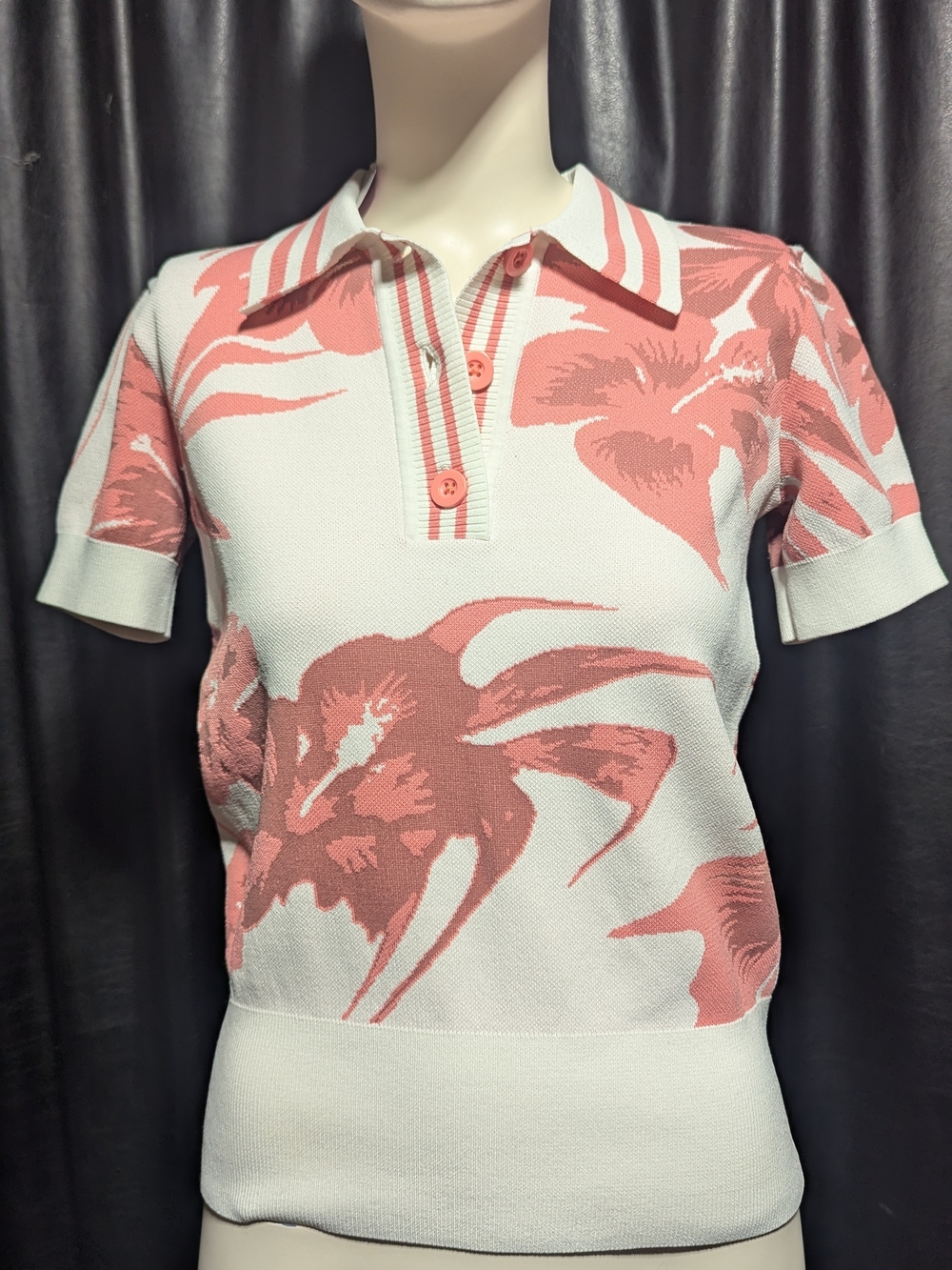 J.Lindeberg Hedda Knitted Polo Shirt Pink Hibiscus Floral Knit Golf Tee XS